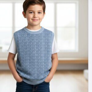 Mann Boys Sweater Vest Blue Size 10 Printed Knit Sleeveless Viscose & Nylon